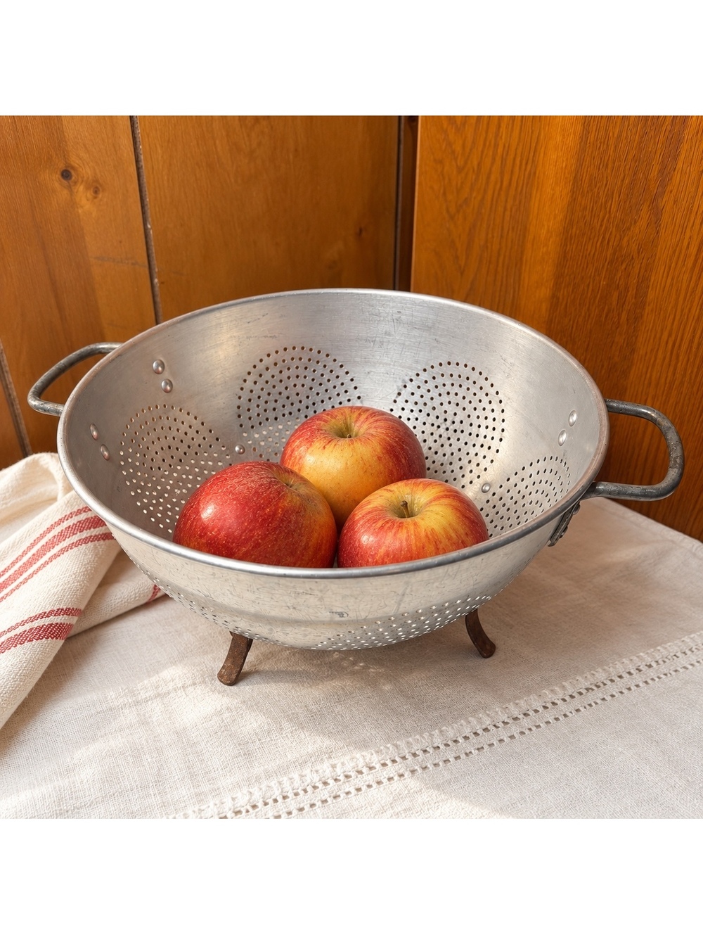 Antique Aluminum Colander Footed Strainer With Handles Farmhouse Kitchen Decor